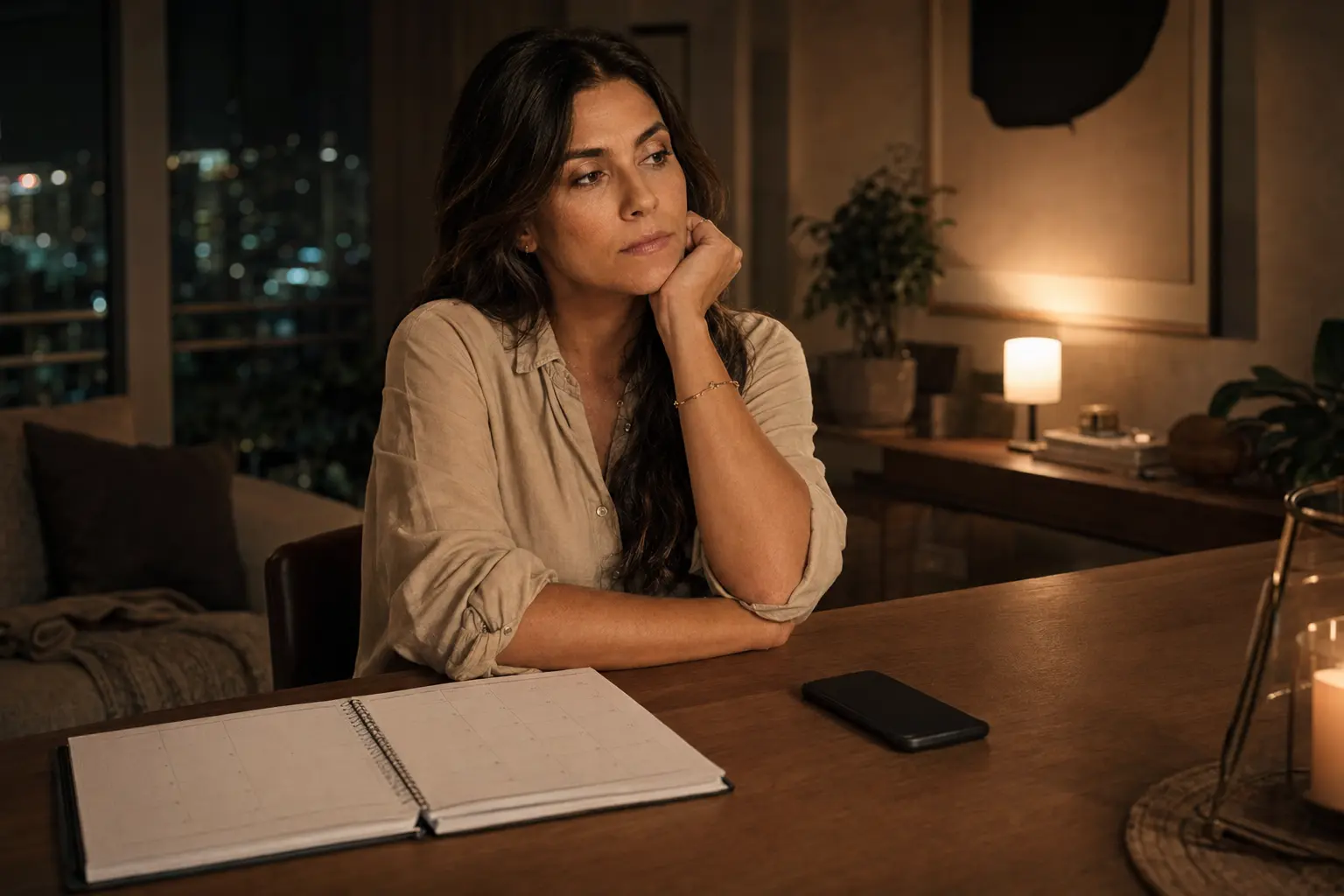 Mulher adulta à noite diante de mais uma espera indefinida
