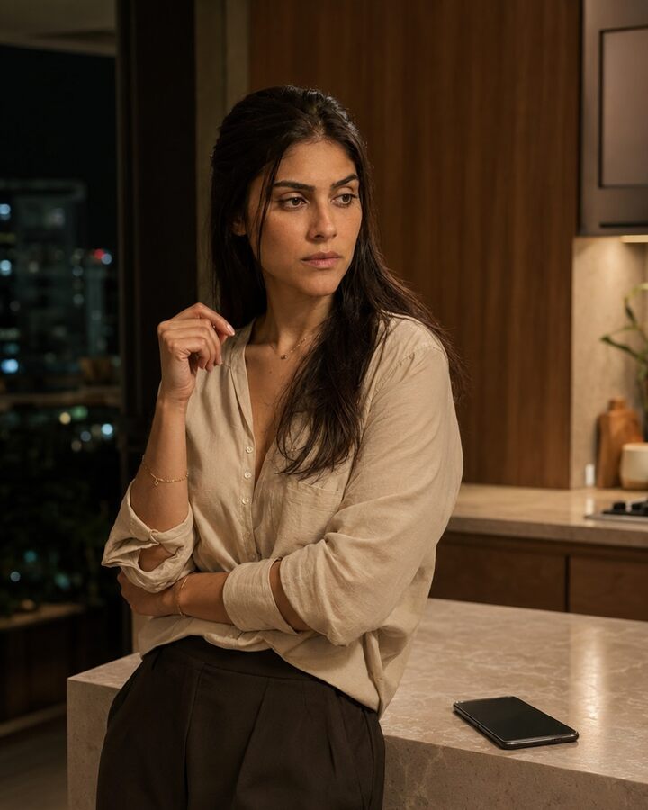 Mulher adulta ao lado do celular em uma cozinha à noite